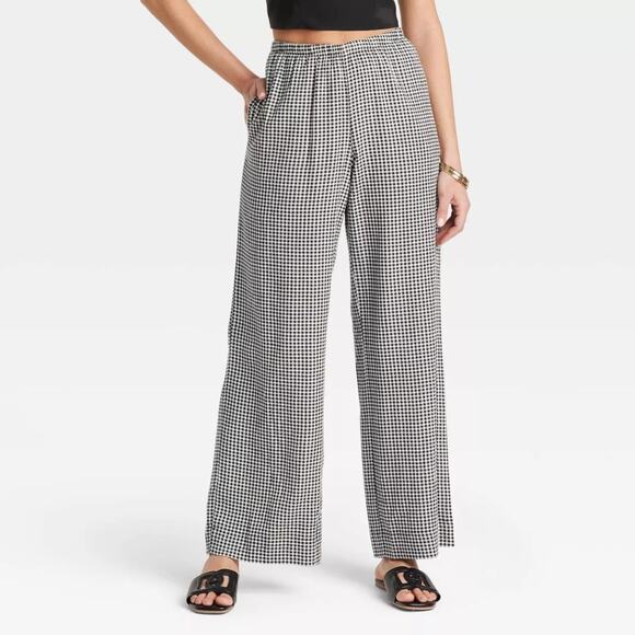 A New Day Women's Mid Rise Wide Leg Linen Pull On Pants Black Gingham Check M - Picture 1 of 6
